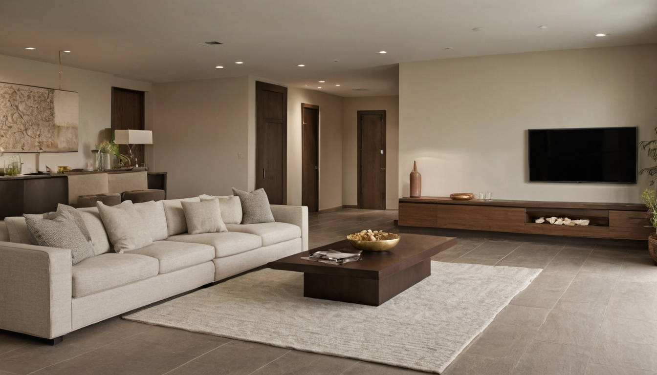 How do you measure the usable living room before selecting furniture shown in a luxury residential interior